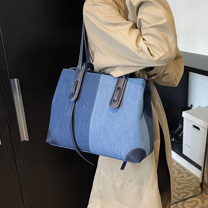 Large Capacity Commuter Double Mouth Single Shoulder Bag Women Denim Color blocked High Quality Texture Handheld Tote Bag 241215