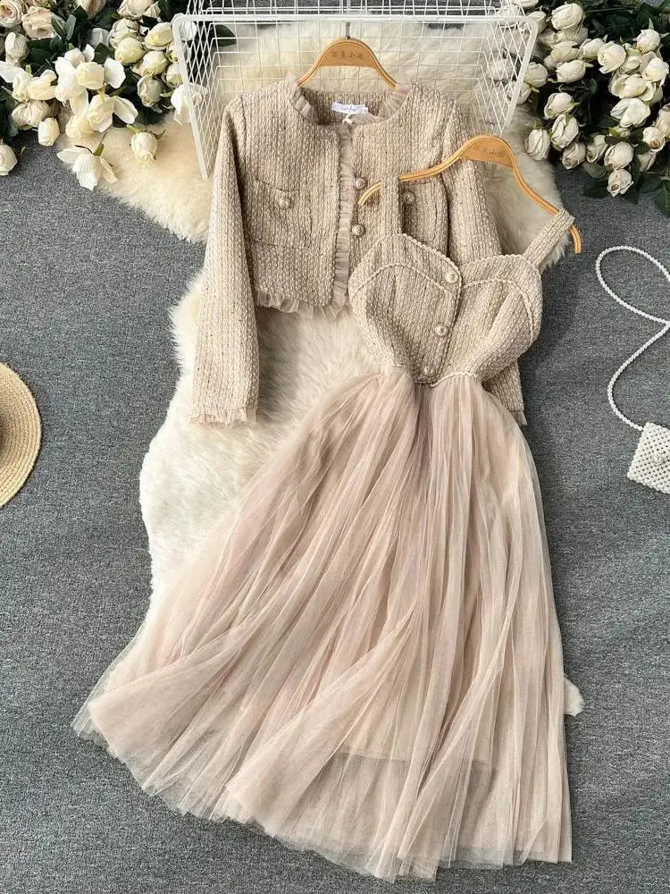 2025 Autumn Spaghetti Strap Woolen Patchwork Mesh Tulles Midi Dress Short Tweed Jacket Coat For Women 2 Pieces Set Outfits 241220