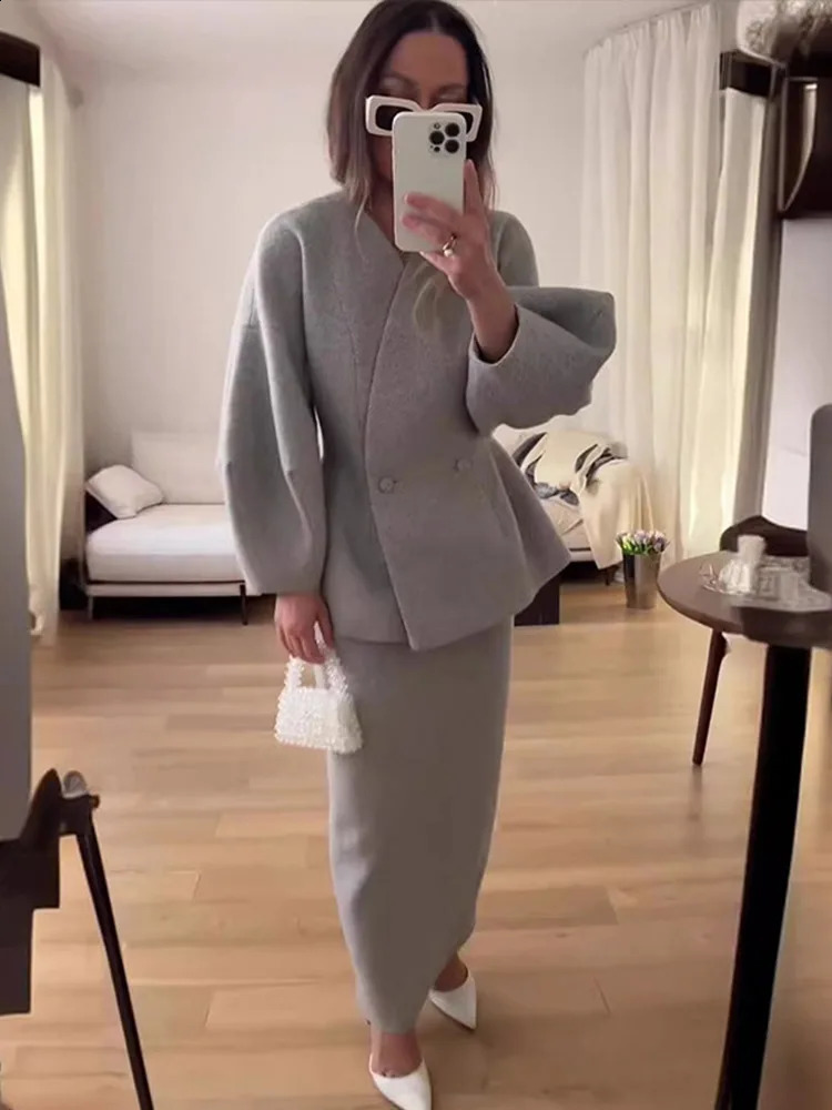 Elegant Blazer Coat Skirt Set Women Slim V-neck Long Lantern Sleeve Jacket Top Midi Skirts Suits 2 Pieces Office Chic Outfits 241230