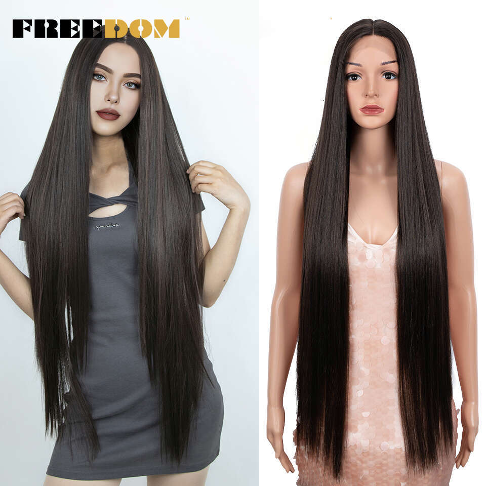 FREEDOM Hair Synthetic Front For Women 38 Inch Long Straight Lace Ombre Brown Blonde Wig Red White Cosplay Wigs