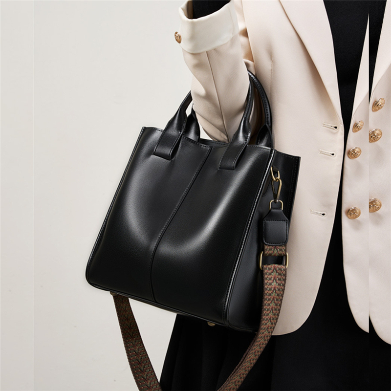 Burminsa Cowhide Genuine Leather Large Tote Handbags For Women New 2025 Trend Designer Wide Strap Ladies Shoulder Messenger Bags