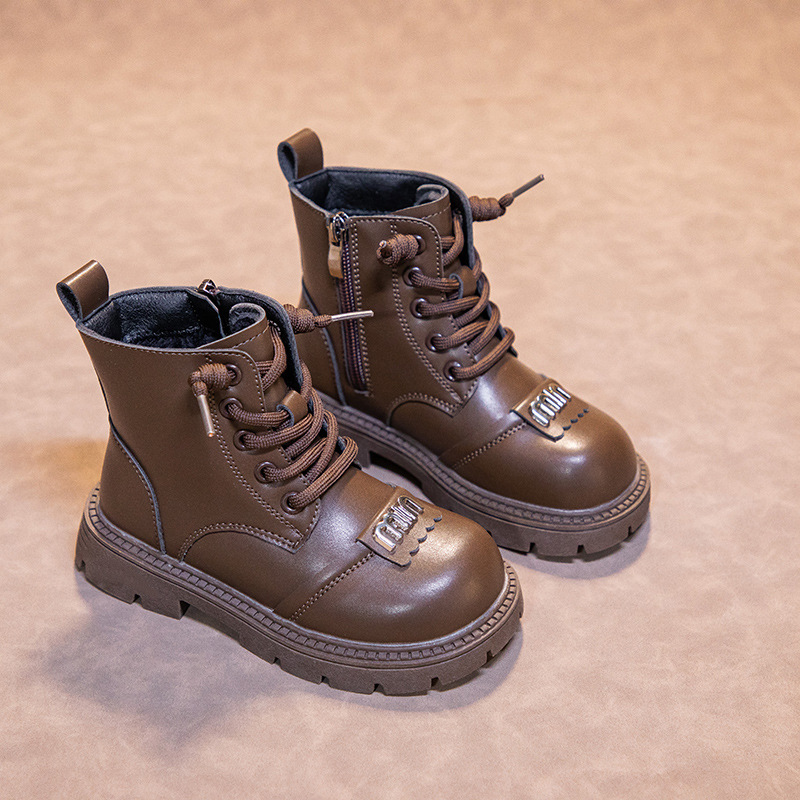 Fashion Children Leather Boots Autumn Winter Boys Girls Youth Boots Warm Cotton Happysteps Kids Ankle Boots Versatile Anti-slip Girls Shoes Sizes US9C