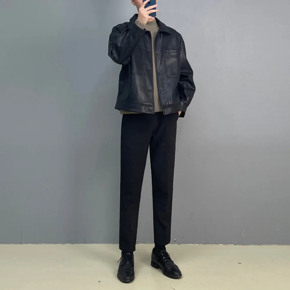 Mens Leather Jacket Motorcycle Pocket Jacket Autumn Casual Streetwear Retro Korean Version Jacket Mens Clothing Unisex 241228