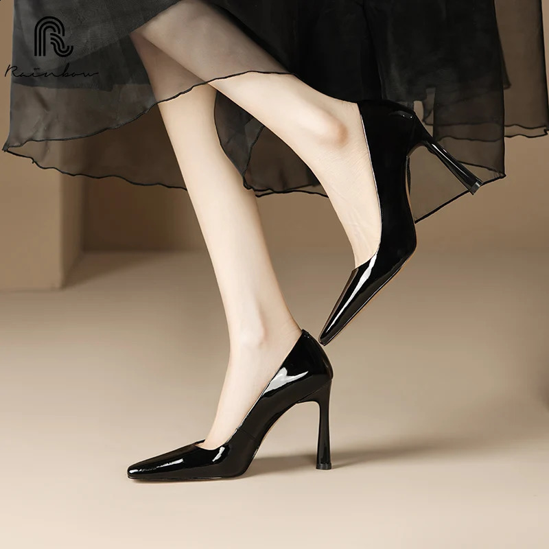 RAINBOW 33-40 Handmade Genuine Leather Shoes Trend Women Pumps Pointed square Toe High Heels Party Elegant Ladies Office 241230