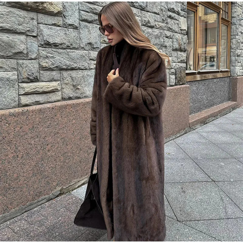 Dark Brown Faux Fur Long Overcoat For Women Fashion Lapel Single Breasted Loose Fluffy Plush Warm Coat Winter Thicken Outerwear 241223
