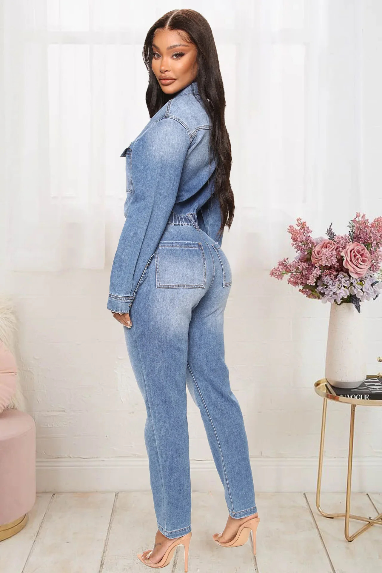 Women Autumn Turn Down Collar Loose One Piece Full Sleeve Tight High Waist Overalls Slim Denim Jumpsuits Long Pants Rompers 241230