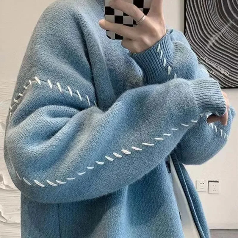 Autumn V-neck Cardigan Sweater Men Women Streetwear Loose Lazy Style Korean Vintage Knitwear Jacket Fashion Mens Cardigan 241230