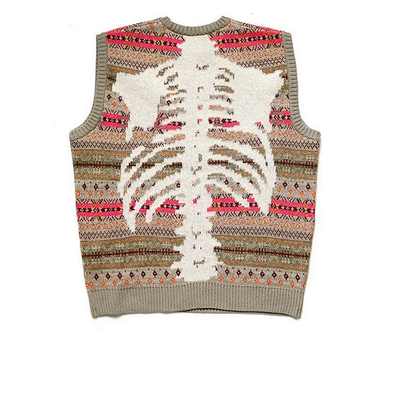 Non Kapital Vintage Skeleton Printed Round Neck Men's Ethnic Retro Pattern Knitted Pullover Loose Sweater Vest Annual Jia Brand