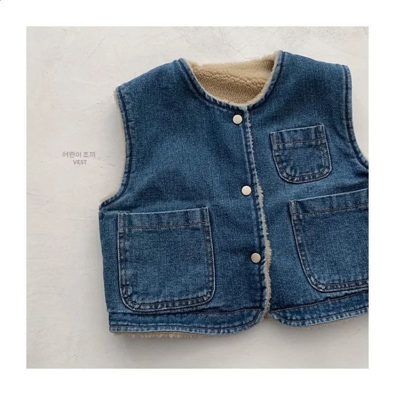 Ins Autumn Spring Velvet Baby Boys Waistcoat Reversible Sleeveless Denim Jacket For Kid Boy V-collar Casual Warm Little Boy Vest 241230