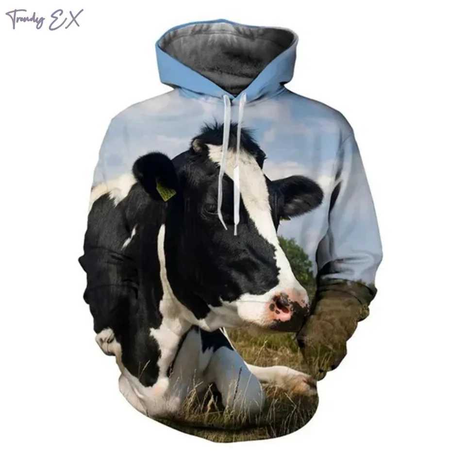 New sports shirt 3D animal cow print funny super large hooded sweatshirt fashionable sports kangaroo pocket long sleeved graphic hooded sweatshirt W24
