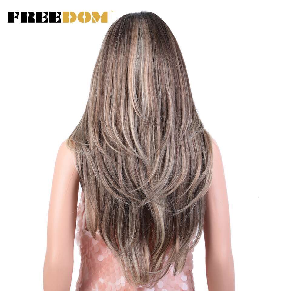 FREEDOM Synthetic Front For Women 26 Inch Long Straight Lace Wig With Bangs Ombre Orange Blonde Cosplay Wigs