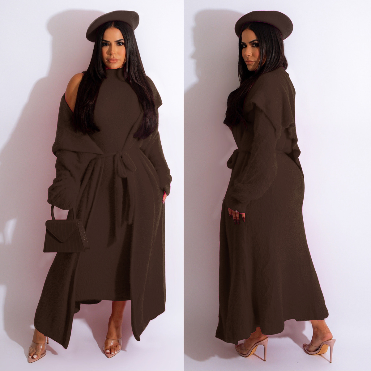 Women Flannel Lounge Maxi Dress And Lapel Open Cardigan With Belt Long Sleeve Trench Winter Sweatsuit Two 2 Piece Set