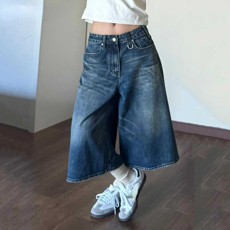 2024 Vintage Wash Whiskers Denim Shorts Women Low Rise Distressed Frayed Wide Leg Baggy Jeans Jorts Casual Summer ClothesX241230