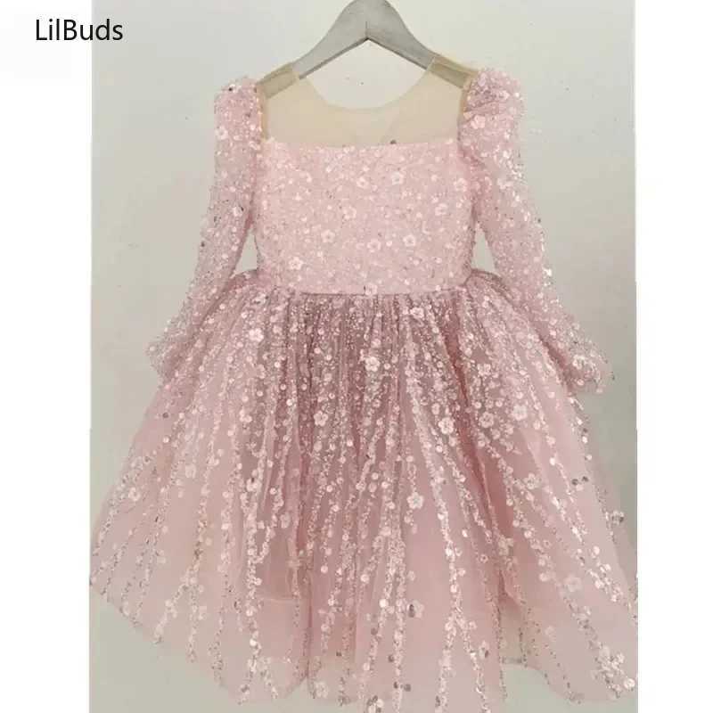 Girl's Dresses 2024 Children Birthday Evening Party Matching Princess Ball Gown Long Sleeve Formal Dresses Kids Girls Elegant Shinny SequinY24122