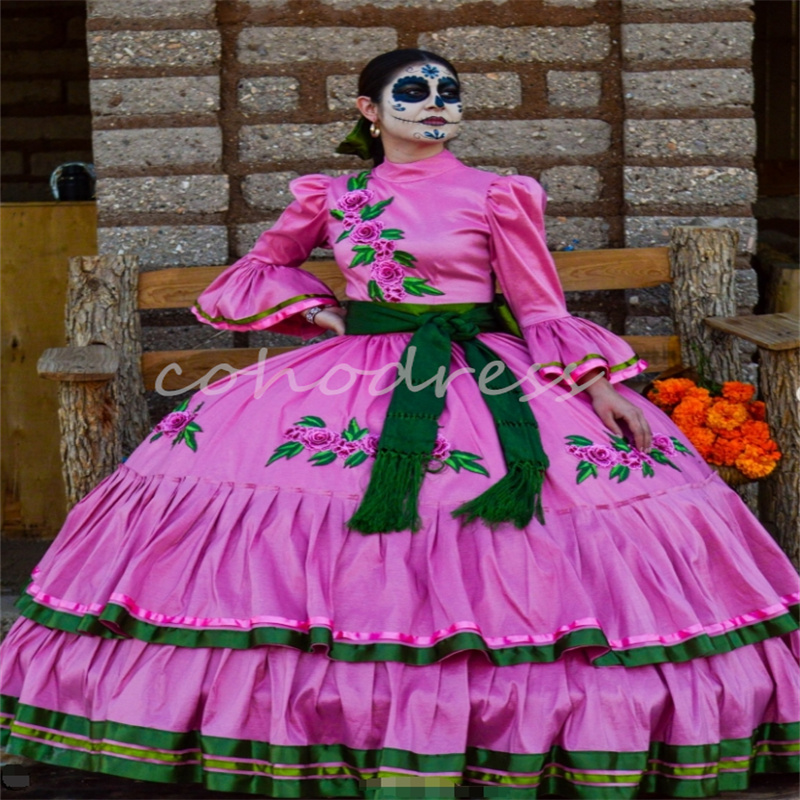 Mexican Vestidos De 15 Quinceanera Dress Hot Pink Charro Embroidery Jalisco Halloween Prom Birthday Mariachi Xv Debutant Para Halloween Gothic Sweet 1