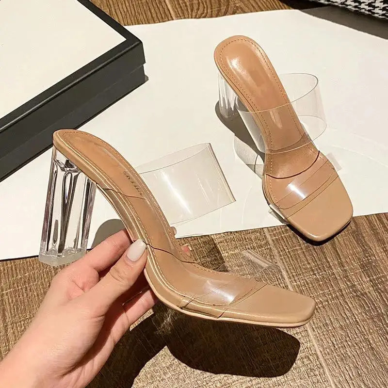 Summer Women Pumps Sandals 9cm Jelly Slippers Sexy Open Square Toe High Heels Women Transparent Slippers Shoe Heel Clear Sandals 241230
