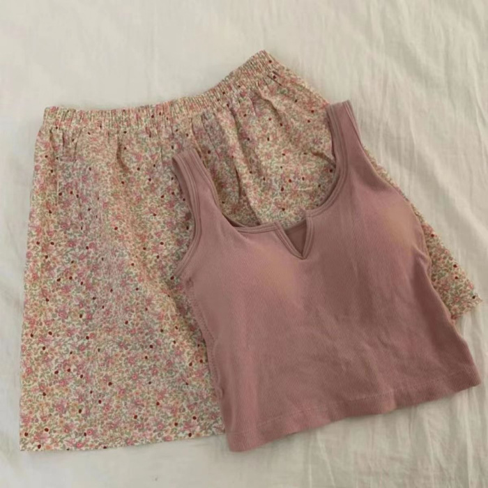 B116-Camisole with padded pajamas for women with small floral patterns, Korean version, Southeast Asian cross-border shorts, two-piece home clothes se