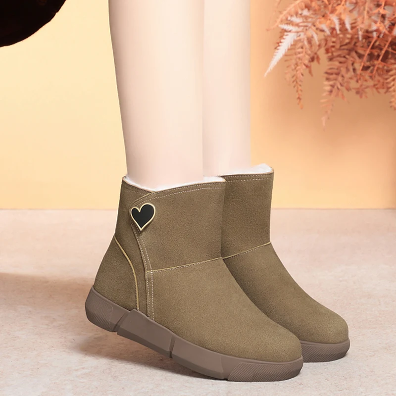 Snow Boots Women Winter Shoes Genuine Leather Women Ankle Boots Flat Large Size Natural Wool Non-slip Women Booties