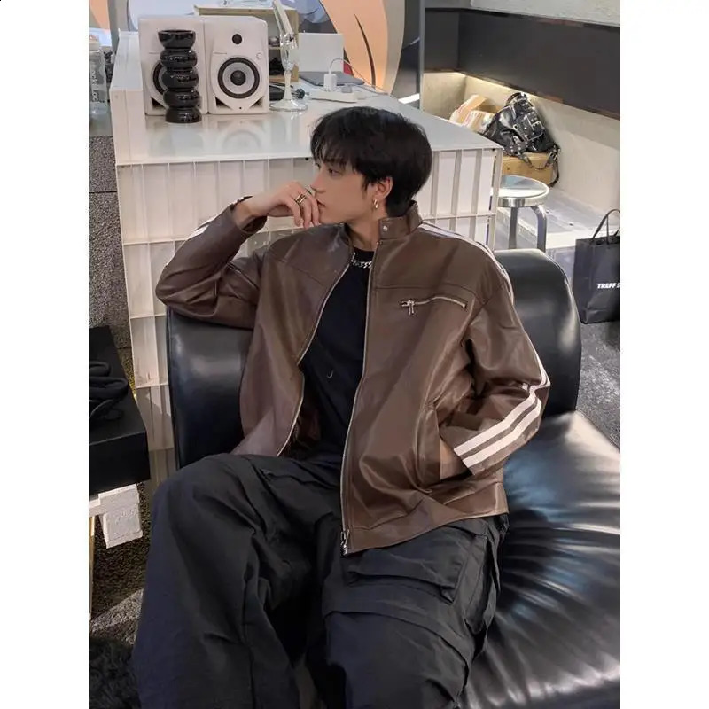 Retro High Street Striped PU Leather Jacket Korean Fashion Zipper Jackets for Men Harajuku Long Sleeve Coats Streetwear 250114