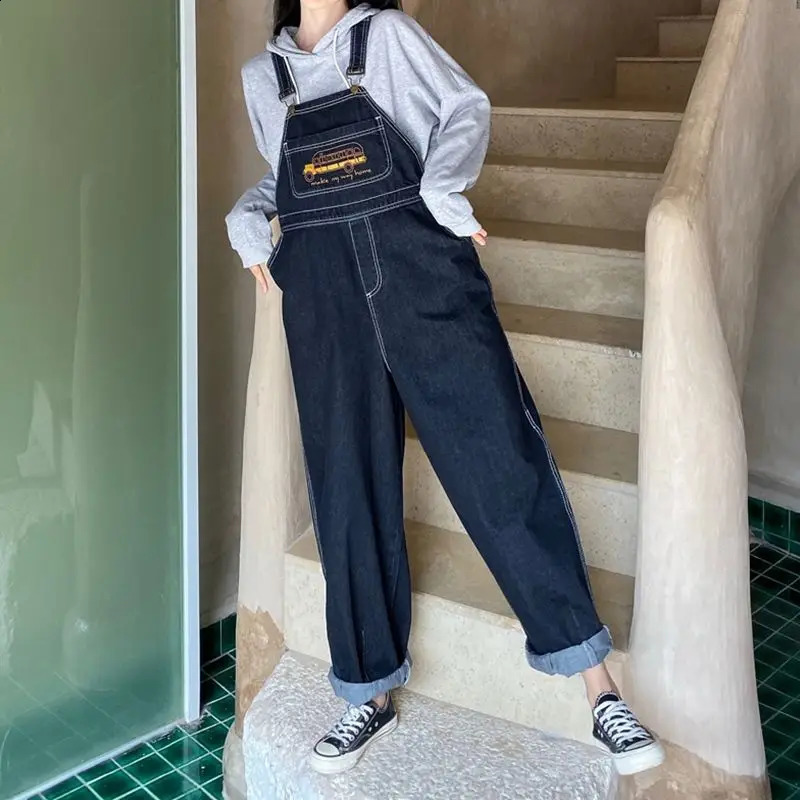 Jumpsuits Women Cartoon Embroidery Fashion Denim Suspender Harajuku Retro Wide Leg Baggy Cow BF Unisex Cute Chic Student 241230