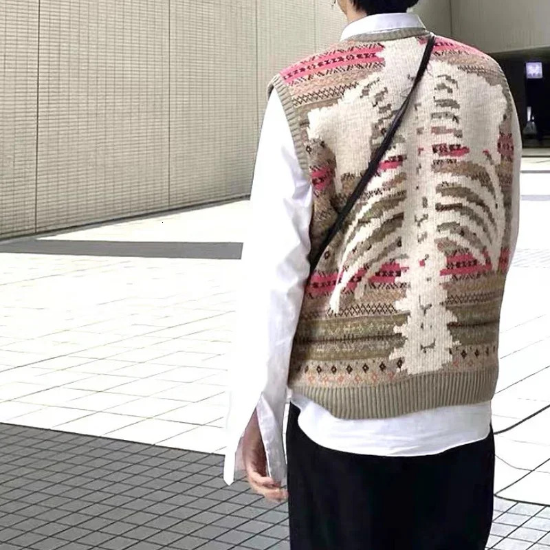 Non Kapital Vintage Skeleton Printed Round Neck Men's Ethnic Retro Pattern Knitted Pullover Loose Sweater Vest Annual Jia Brand