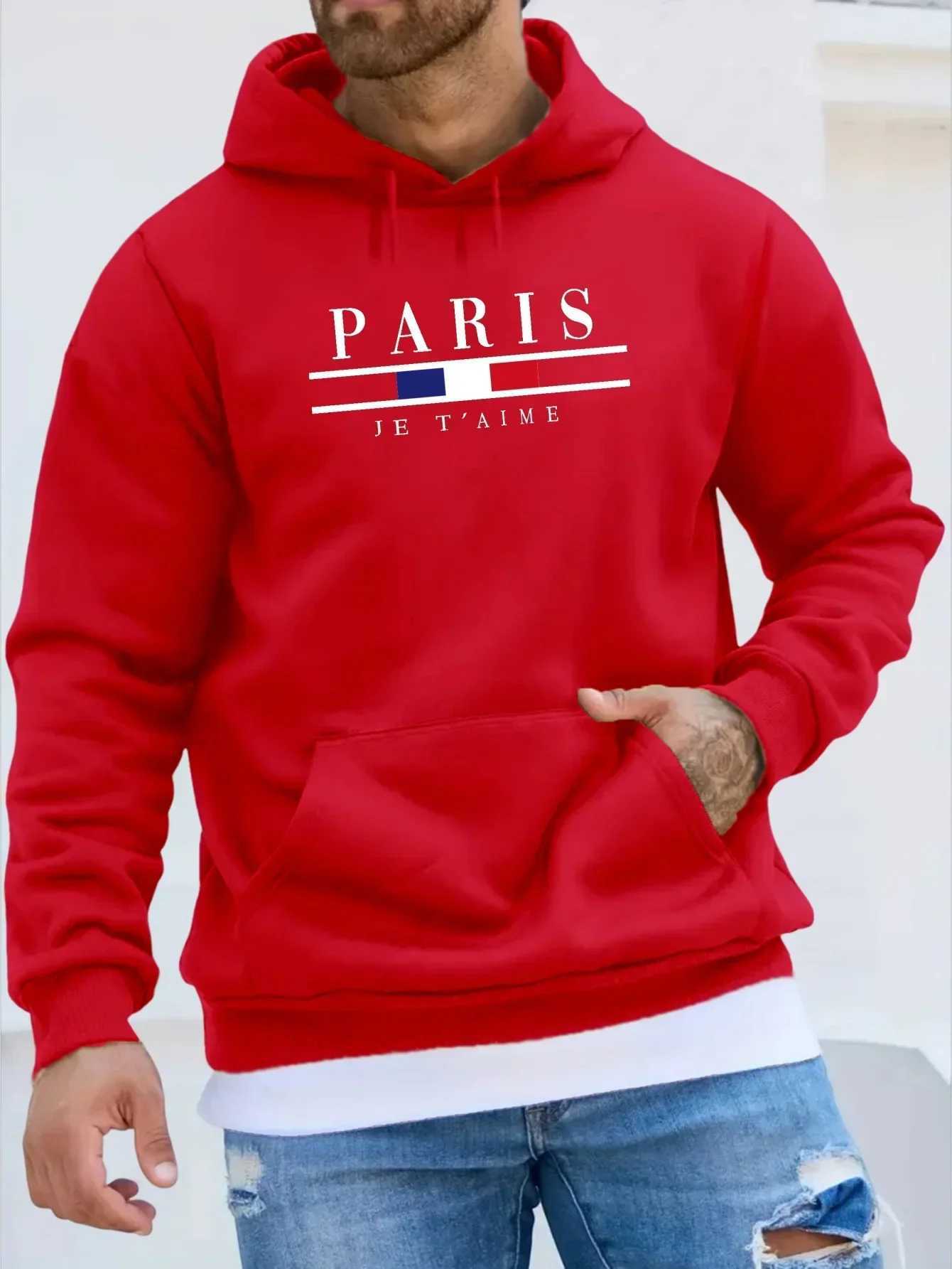Fashionable mens hooded sweatshirt street casual sports style long sleeved and kangaroo pocket wool sweatshirt suitable for autumn and winter W241230