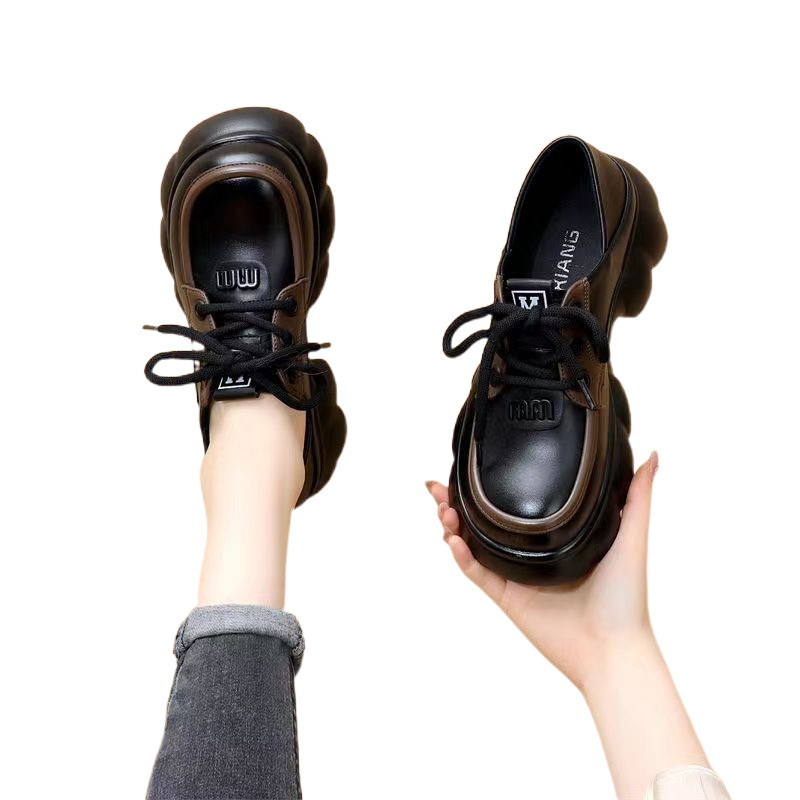 Versatile Thick soled Small Leather Shoes for Women in Spring and Autumn 2024 New Round Head Height Boosting Lightweight Le Fu Shoes for Women Single 