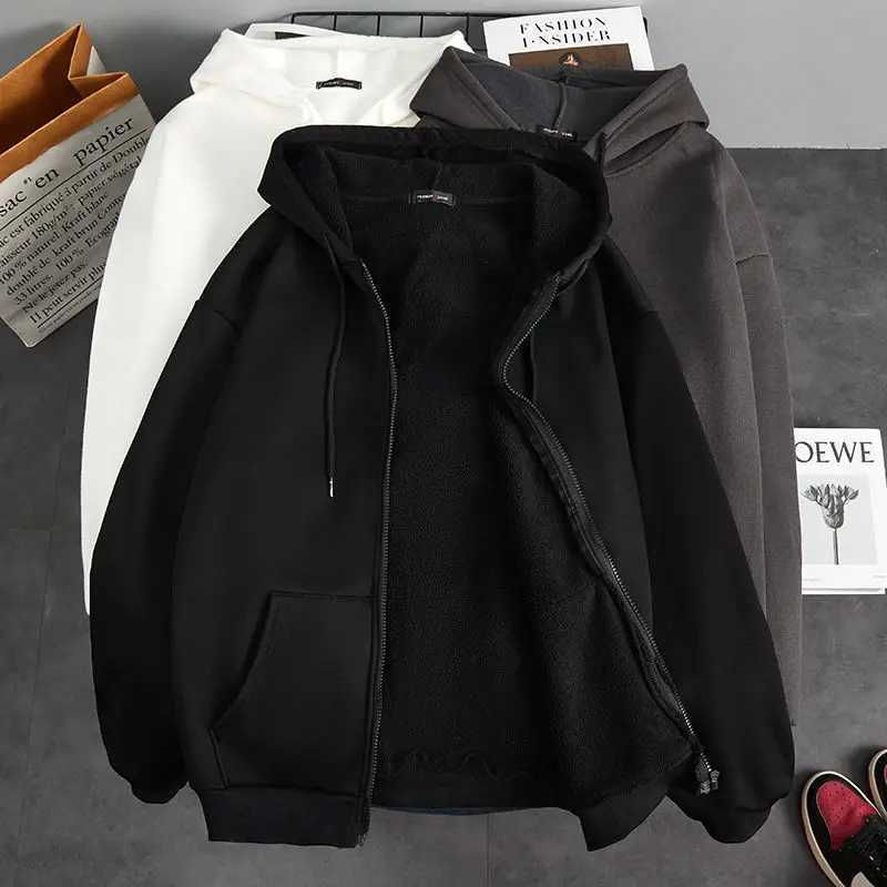 Autumn and winter velvet thick hooded cardigan loose mens clothing Korean version warm solid color zipper chic top W241230