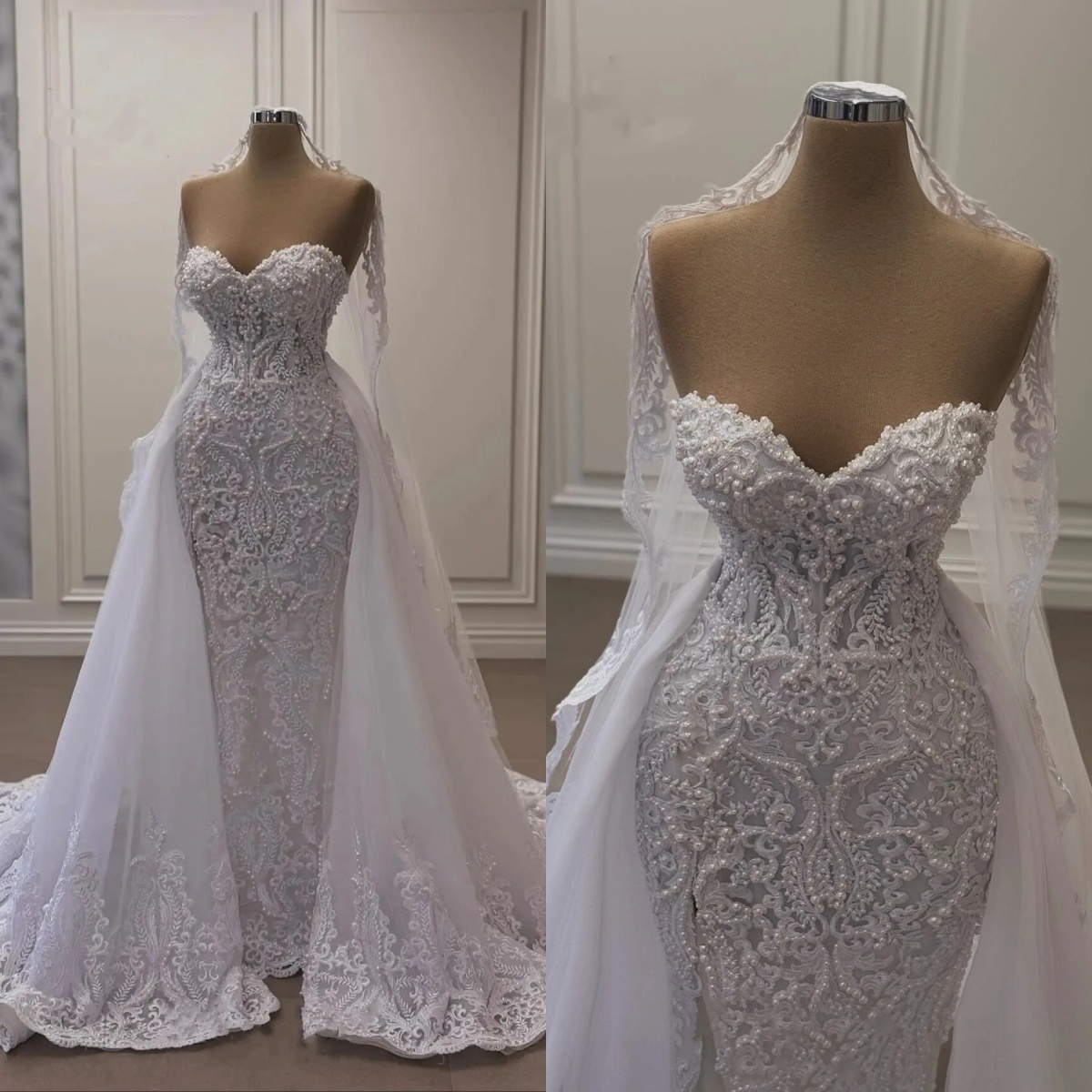 ful Pearls Wedding Dress Mermaid Bridal Gowns Appliques Strapless Bride Dresses with Overskirts Customized Plus Size Vestido de novia