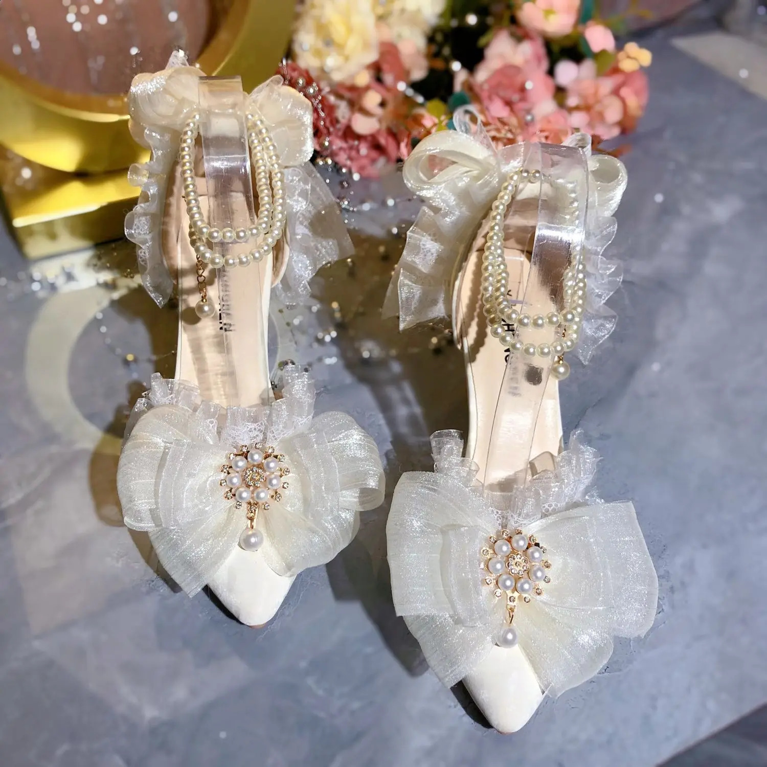Elegant Womens Dress Shoes White Lolita Mary Jane Shoes Woman Pearl Lolita Sandals Sling Back Heels Women 241230