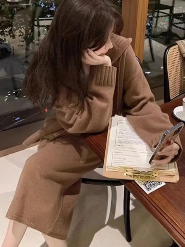 Women Knitted Sweater 2 Piece Suits Autumn Fashion Blouses Tops and Skirt Set Casual Elegant Female Hoodies Korean Outfits 250122