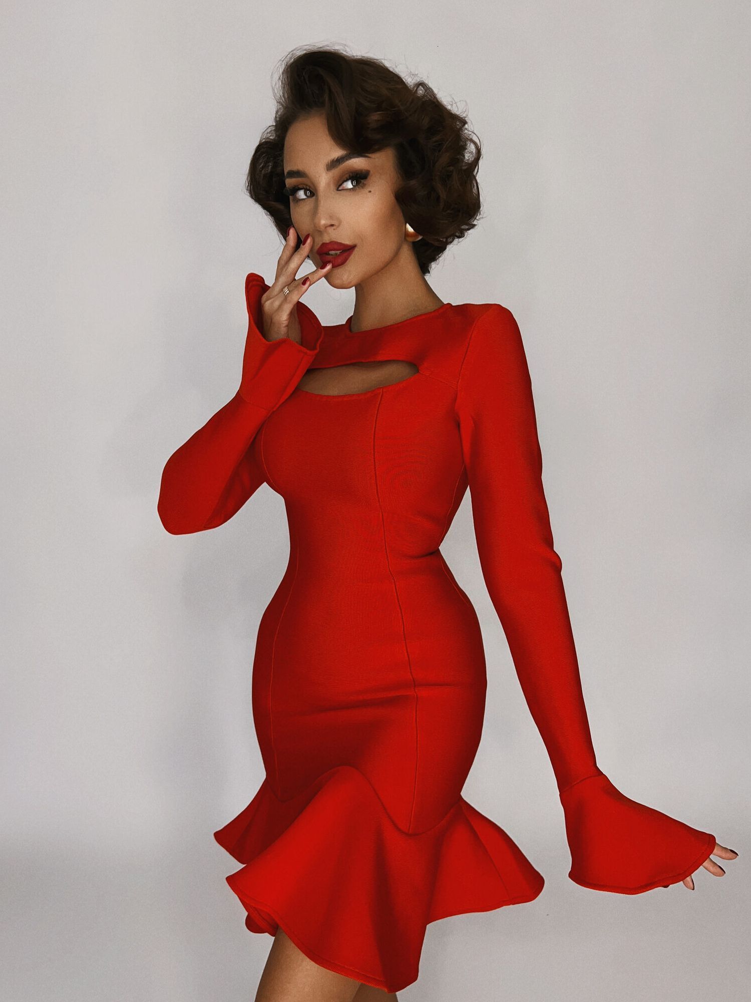 Women's Ruffles Bandage Dress Long Flare Sleeve Hollow Out Bodycon White Black Mini Sexy Elegant Nightclub Evening Party Dresses