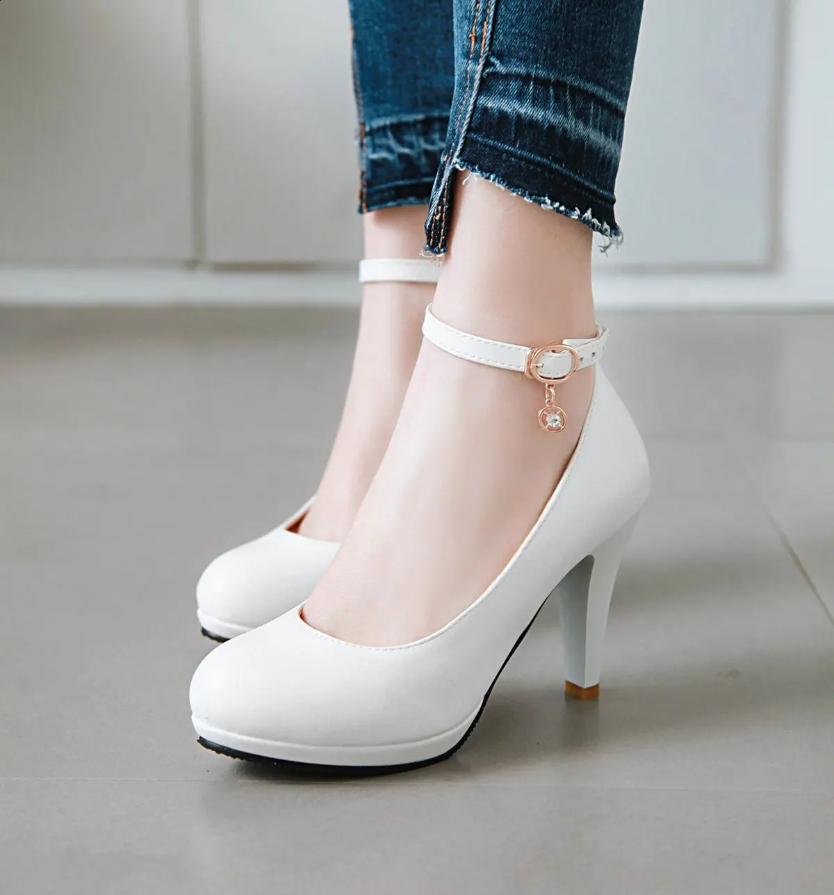 Fashion High Heels Shoes Woman Elegant Ankle Straps Pink White Womens Heeled Pumps Office Wedding Party Shoes Ladies Large Size 241230