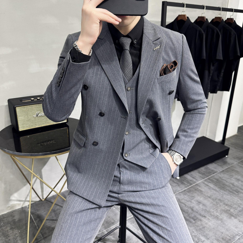 L1230Korean style slim fit khaki striped suit business formal suit groom dress