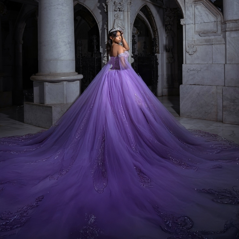 Quinceanera Lavender Dresses Ball Gown Off The Shoulder Sequin Applique Lace Beads Tull With Cape Party Birthday Sweet Vestido De Anos D