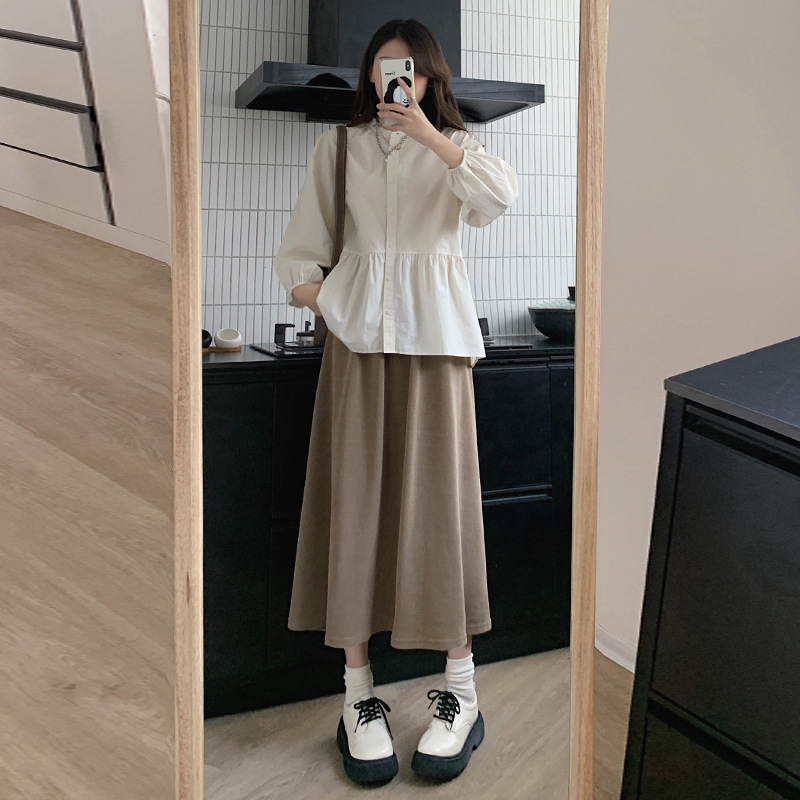 L30968 long new style kapok velvet plus velvet skirt high waist long skirt cover the flesh and show thin A-line skirt