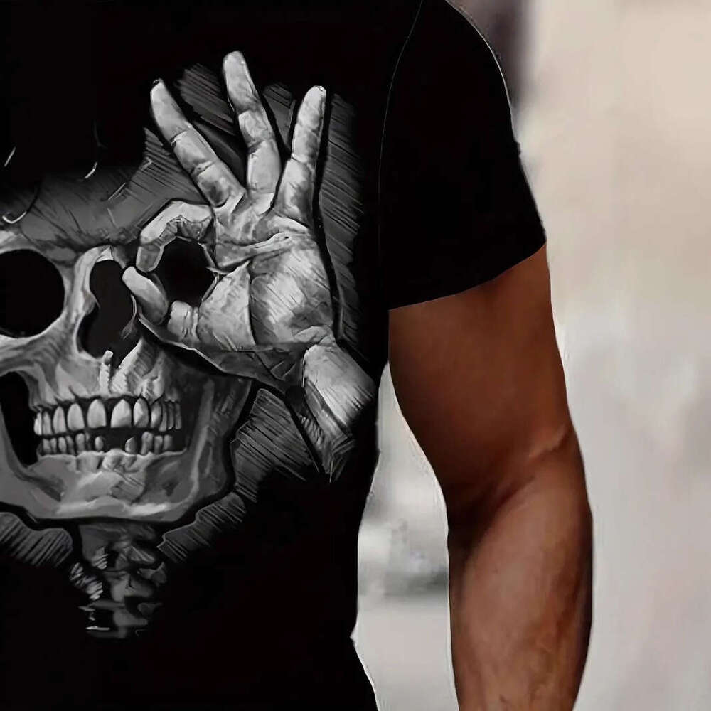 Men's High Street Loose Mesh Breathable Short Sleeve Hooded Round Neck T-shirt with Fun and Bizarre Gestures Skull 3D Printing