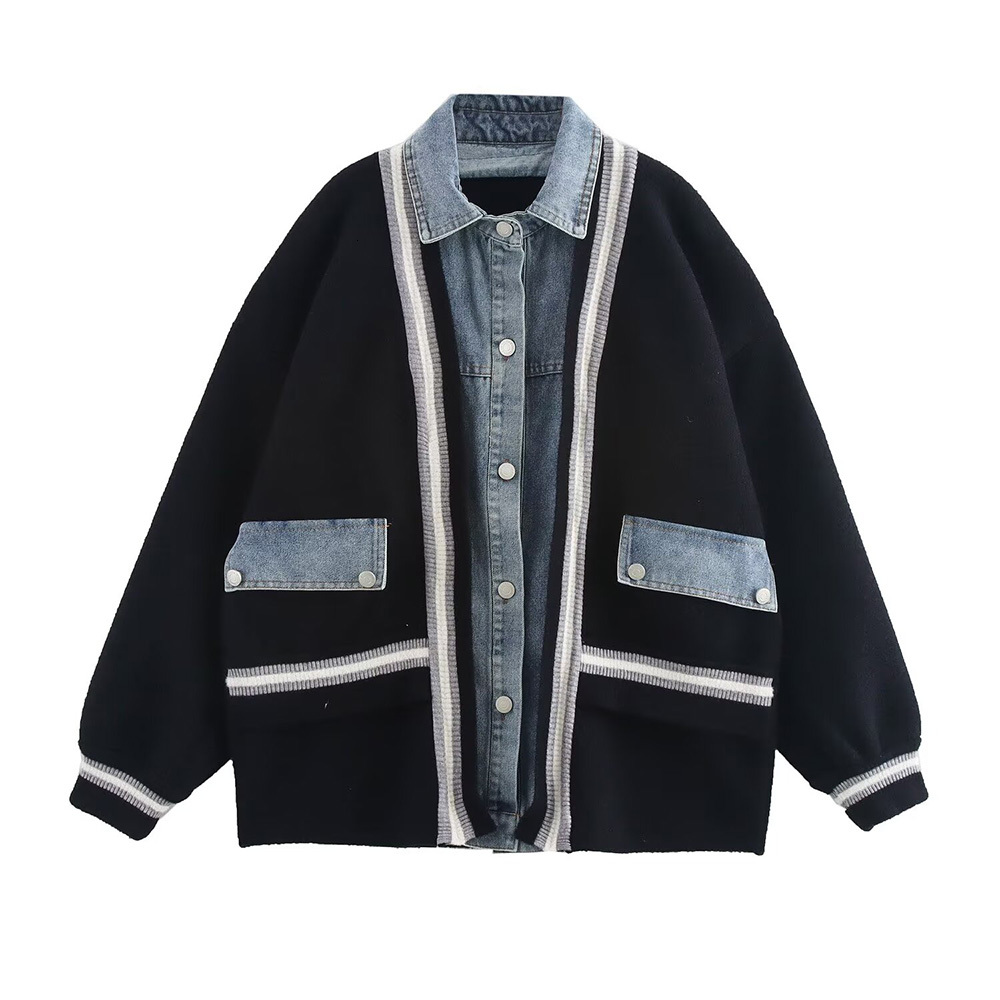 Autumn New Fashion Women's Casual Elegant Design Denim Patchwork Sweater Shirt Collar Striped Cardigan Jacket