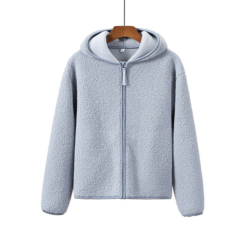 Warm Fleece Hooded Jacket With Zipper Long Sleeved Plush Overcoat For Women