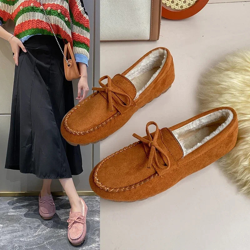 Womens Moccasins Soft Flat Fluffy Footwear Winter Female Shoes Home Warm Plush Bow Slip On 2024 Vintage Fashion Comfort 241225