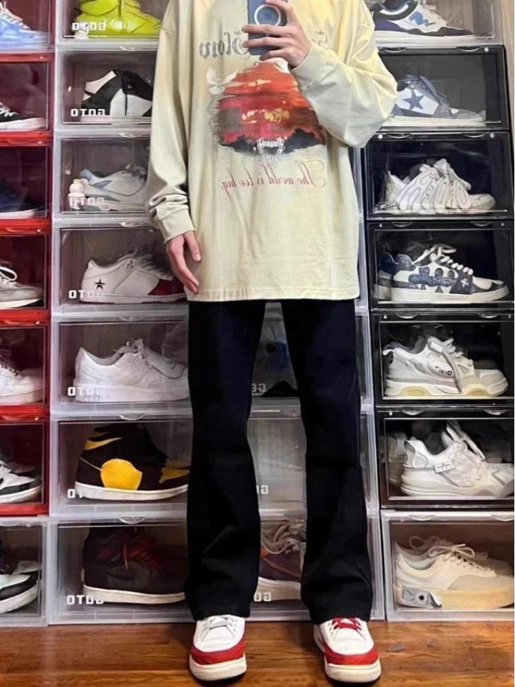 Male Cow Pants Bootcut Black Jeans for Men Flared Trousers Straight Classic Korean Fashion Y2k Vintage Washed In 241230