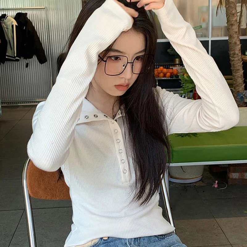 Fall Winter Long Sleeve Knit Pullovers Woman Y2K High Street Button Up Sweaters for Women Vintage Gray Ribbed Bottoming Tops 241223