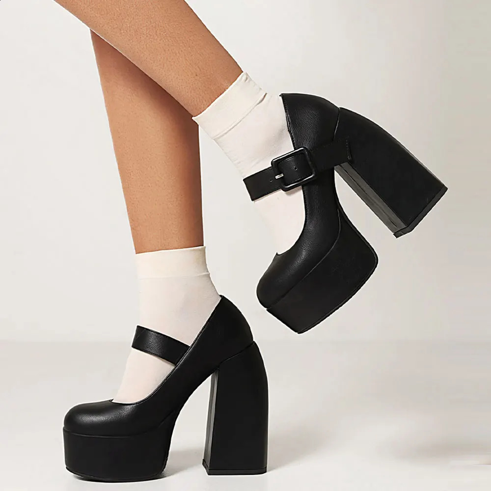 Plus Size 44 Womens Black y2k Platform Shoes Vintage Spring Summer White Block High Heels Mary Janes Pumps 241227