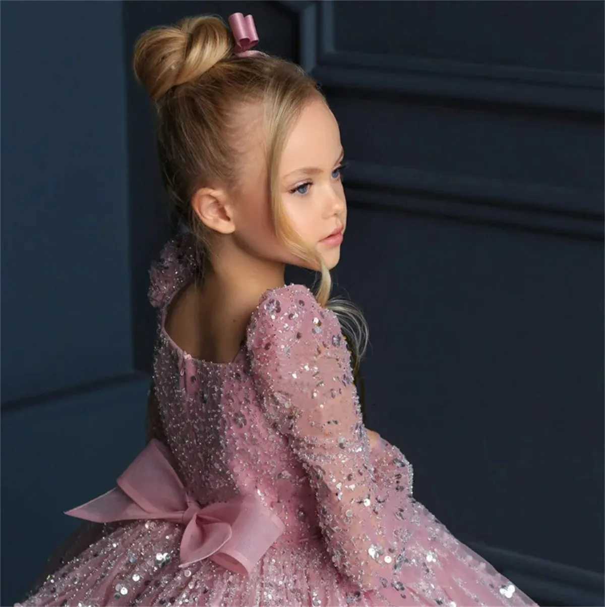 Girl's Dresses Pink Fluffy Sequin Applique Flower Girl Dress Sparkly Skirt Wedding Elegant Flower Childs Eucharistic Birthday Party DressY2412281