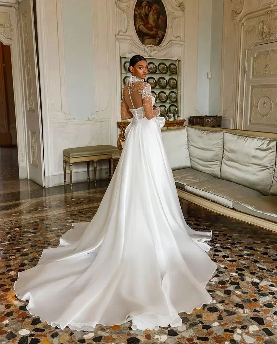 2025 Elegant A-line Bride Wedding Dress High Neck Pearls Beading Long Sleeve Satin Bridal Formal Gowns Vestidos De Novia African Robe De Mariage