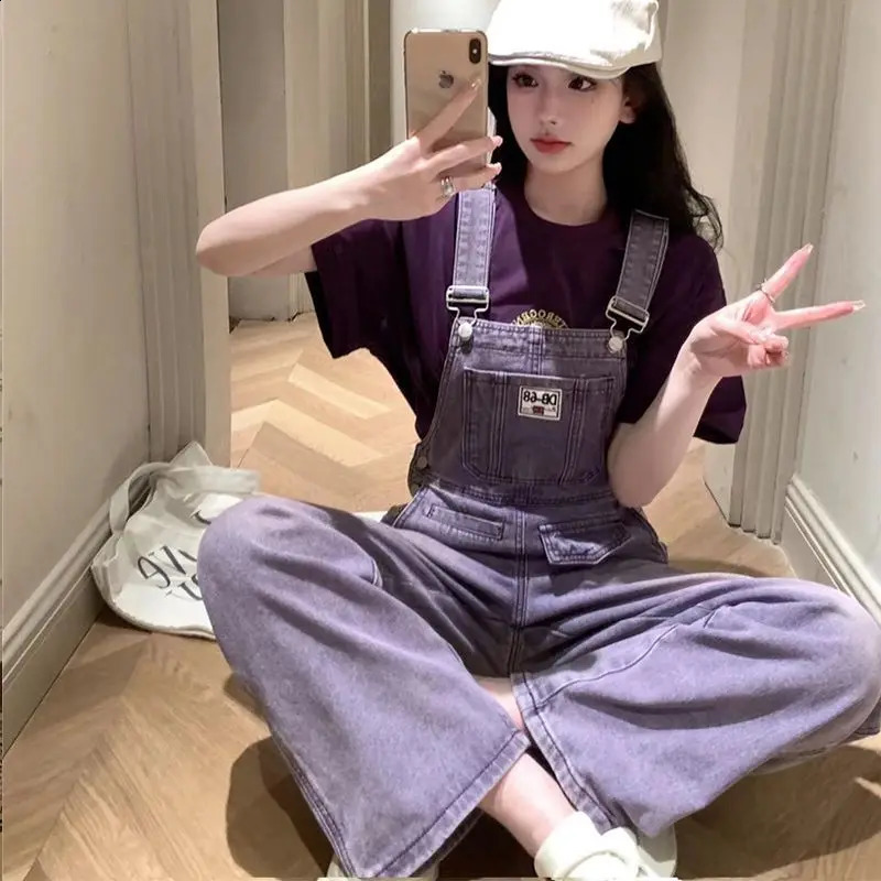 Youth Series Women Vintage Niche Purple Cow Summer Loose Korean Solid Casual Wide Legs Office Lady Affordable Rompers 241230