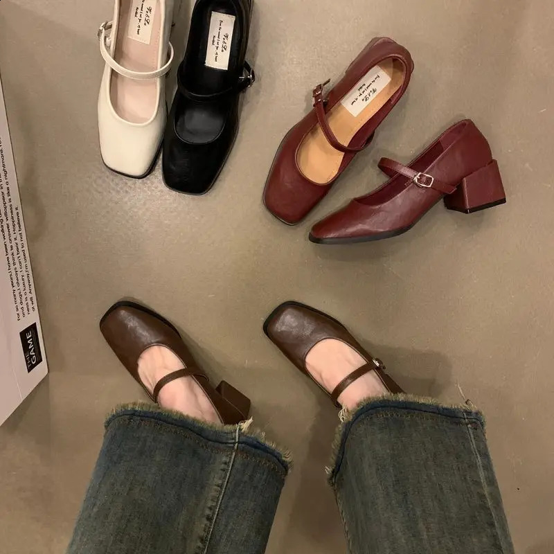 Beige High Heels African Woman Shoe Mary Jane 12cm Burgundy Latest Leather Spring Lolita Retro Summer Pumps Janes Lolita Sh 241227