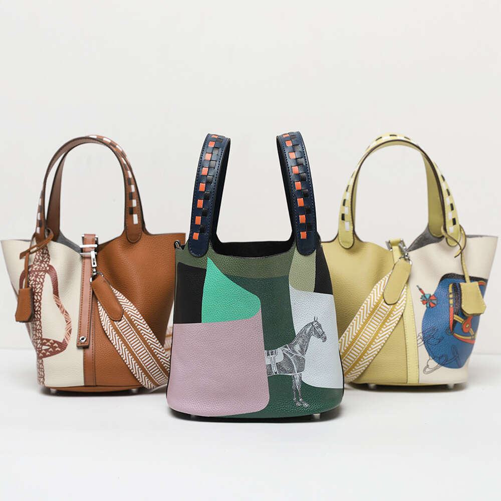Women's Bags Handbag Cowhide Painted Vegetable Basket Women's Handbag Ethnic Style Genuine Leather Bucket Fashionable Shoulder Bag Commuting