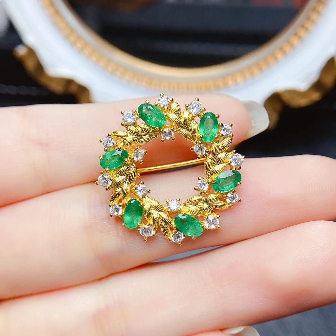FS 3*5mmNatural Emerald Brooch S925 Sterling Silver Fine Fashion Charm Weddings Jewelry for Women With Certificate 241230