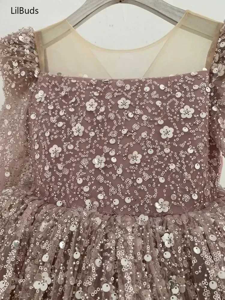 Girl's Dresses 2024 Children Birthday Evening Party Matching Princess Ball Gown Long Sleeve Formal Dresses Kids Girls Elegant Shinny SequinY24122